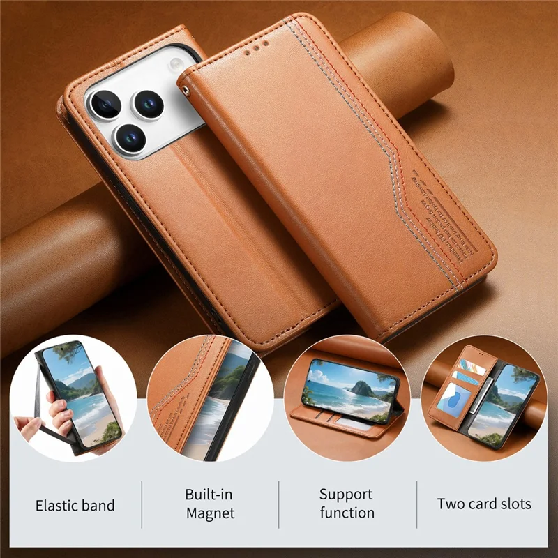 For iPhone 17 Pro Max Case Wallet Tri-Color Stitching Leather Phone Cover with Elastic Wristband - Brown
