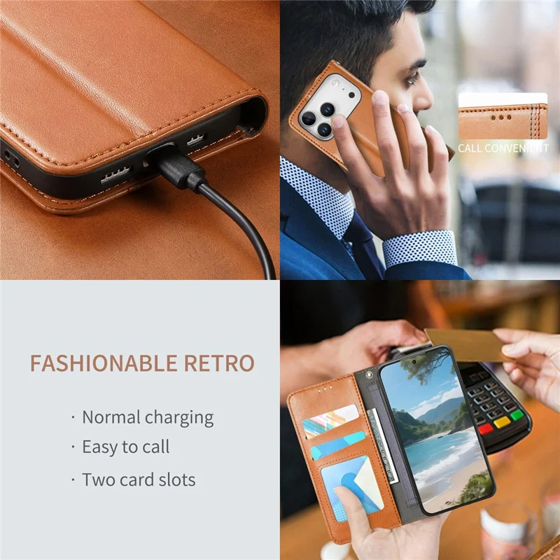 For iPhone 17 Pro Max Case Wallet Tri-Color Stitching Leather Phone Cover with Elastic Wristband - Brown