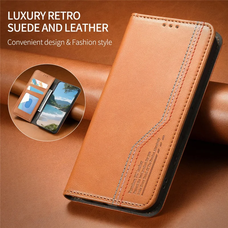 For iPhone 17 Pro Max Case Wallet Tri-Color Stitching Leather Phone Cover with Elastic Wristband - Brown