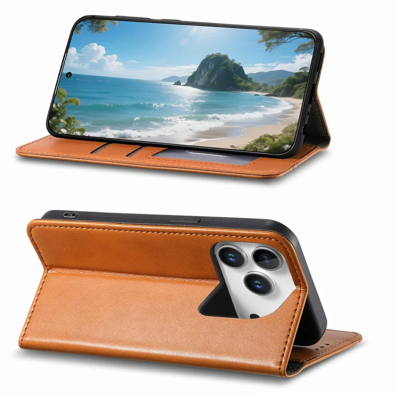 For iPhone 17 Pro Max Case Wallet Tri-Color Stitching Leather Phone Cover with Elastic Wristband - Brown