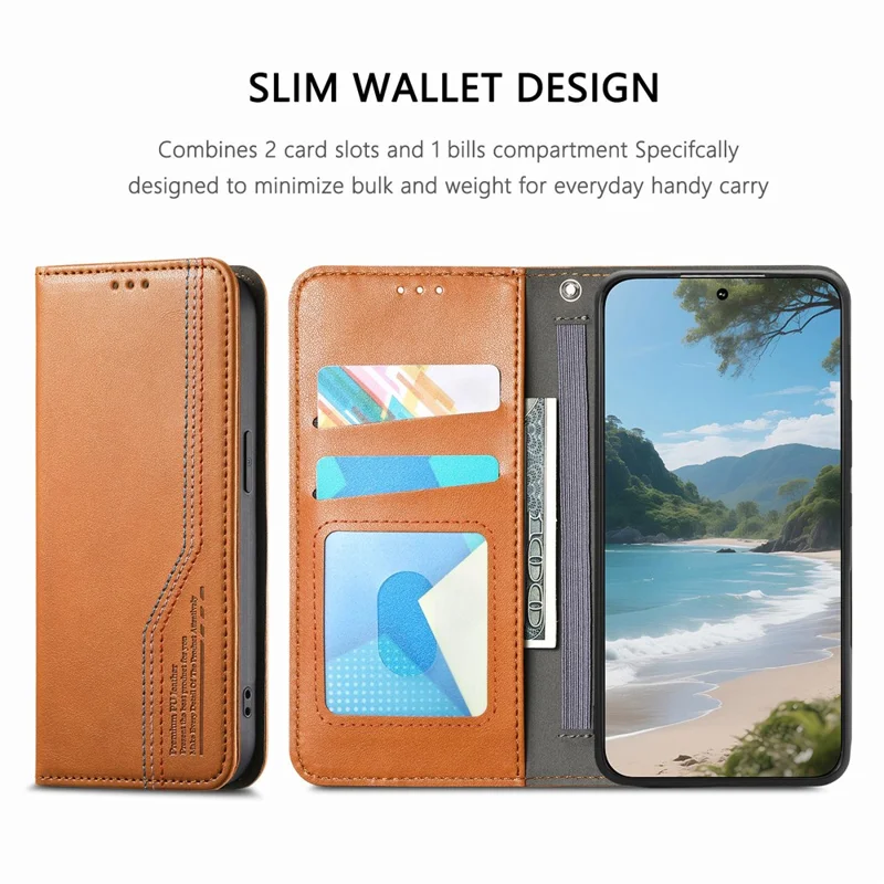 For iPhone 17 Pro Max Case Wallet Tri-Color Stitching Leather Phone Cover with Elastic Wristband - Brown