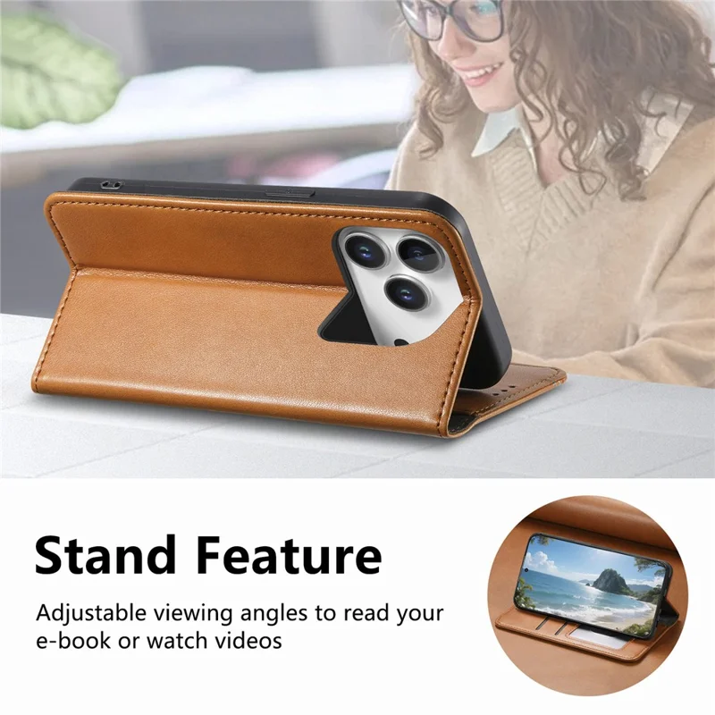 For iPhone 17 Pro Max Case Wallet Tri-Color Stitching Leather Phone Cover with Elastic Wristband - Brown