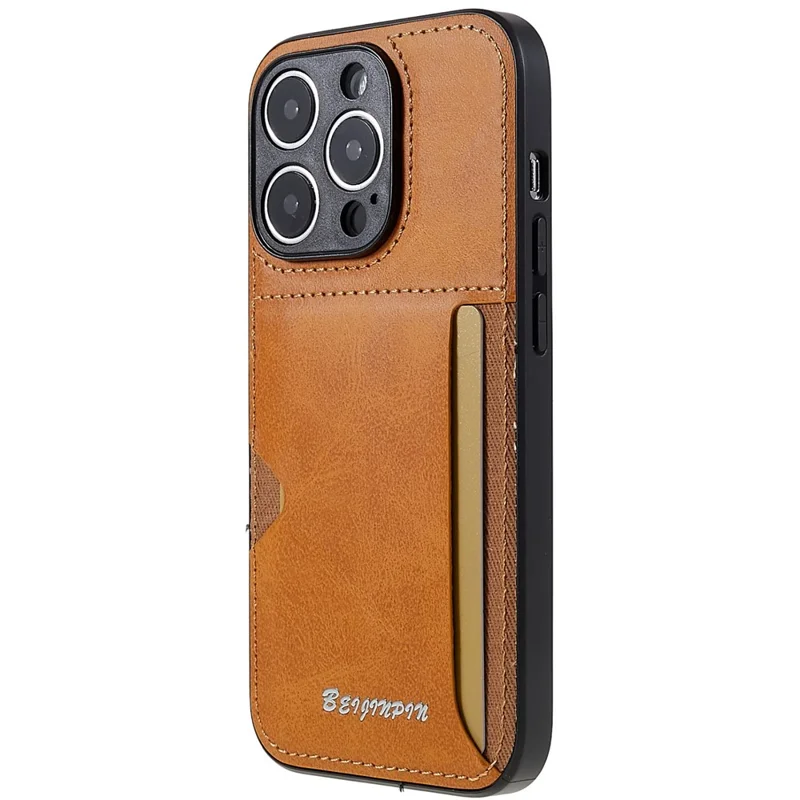 Card Slot Design Phone Case for iPhone 14 Pro, PU Leather+TPU+PC Anti-scratch Dustproof Protective Cover - Khaki