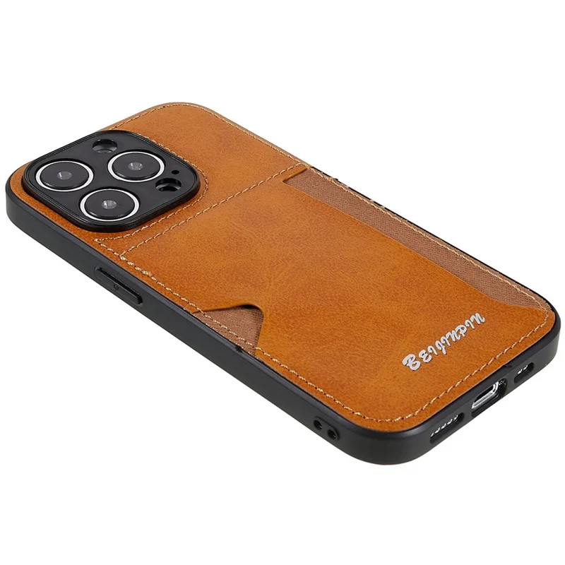 Card Slot Design Phone Case for iPhone 14 Pro, PU Leather+TPU+PC Anti-scratch Dustproof Protective Cover - Khaki