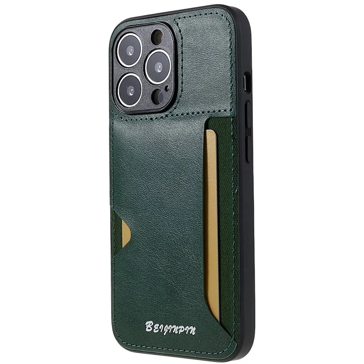 For iPhone 13 Pro Max 6.7 inch Anti-scratch PU Leather+TPU+PC Protective Cover Card Slot Design Cell Phone Case with Precise Cutout - Midnight Green