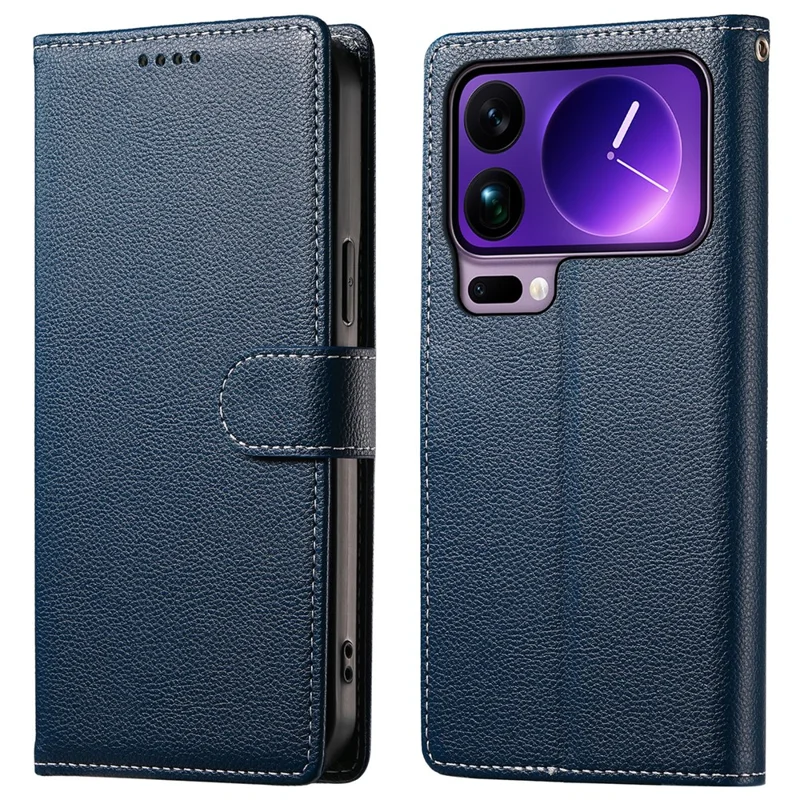 For Xiaomi 17 Pro Max Case Magnetic Snap Litchi Texture Leather Wallet Phone Cover with Wrist Strap - Dark Blue