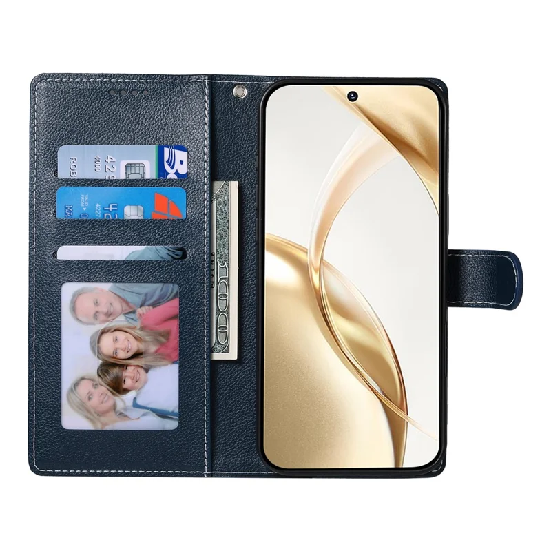 For Xiaomi 17 Pro Max Case Magnetic Snap Litchi Texture Leather Wallet Phone Cover with Wrist Strap - Dark Blue