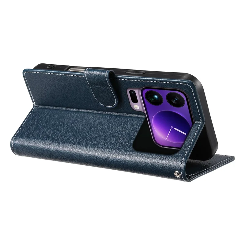 For Xiaomi 17 Pro Max Case Magnetic Snap Litchi Texture Leather Wallet Phone Cover with Wrist Strap - Dark Blue