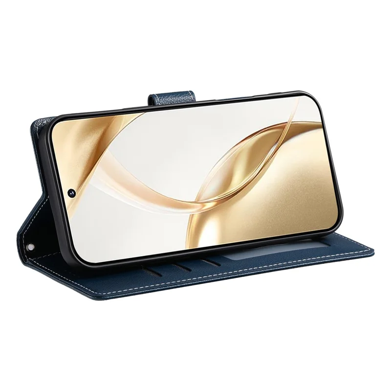 For Xiaomi 17 Pro Max Case Magnetic Snap Litchi Texture Leather Wallet Phone Cover with Wrist Strap - Dark Blue