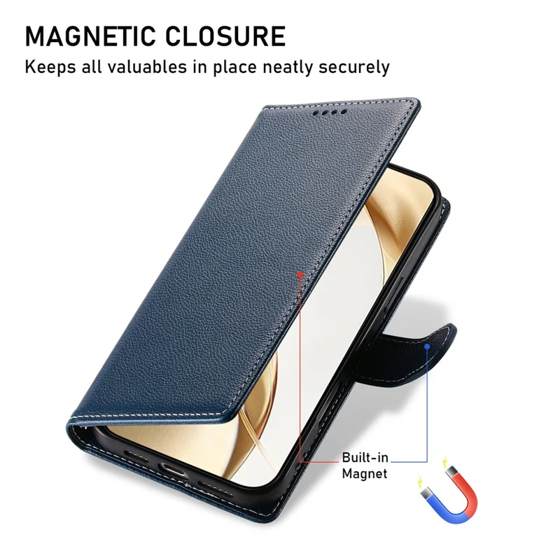For Xiaomi 17 Pro Max Case Magnetic Snap Litchi Texture Leather Wallet Phone Cover with Wrist Strap - Dark Blue