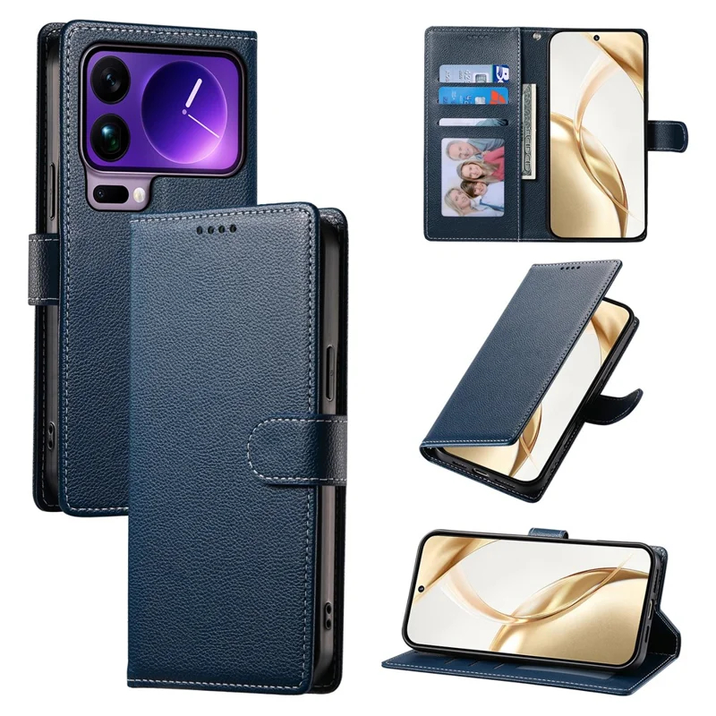 For Xiaomi 17 Pro Max Case Magnetic Snap Litchi Texture Leather Wallet Phone Cover with Wrist Strap - Dark Blue