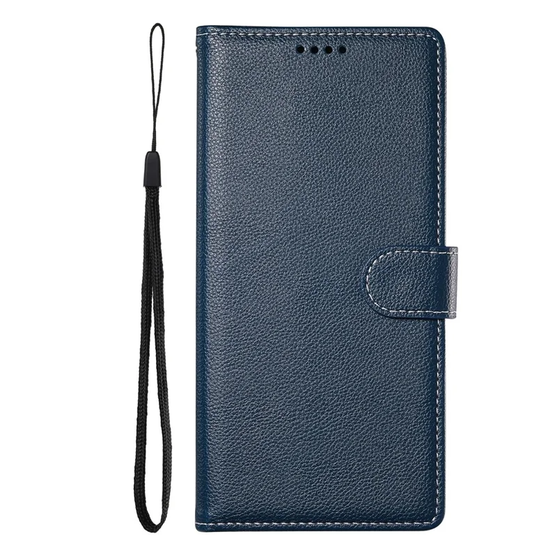 For Xiaomi 17 Pro Max Case Magnetic Snap Litchi Texture Leather Wallet Phone Cover with Wrist Strap - Dark Blue