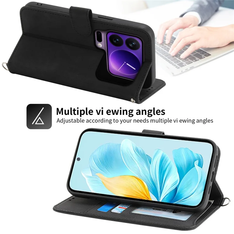 Voor Xiaomi 17 Pro Case Bloemenpatroon PU Leer Portemonnee Telefoonhoesje met Bandje - Zwart