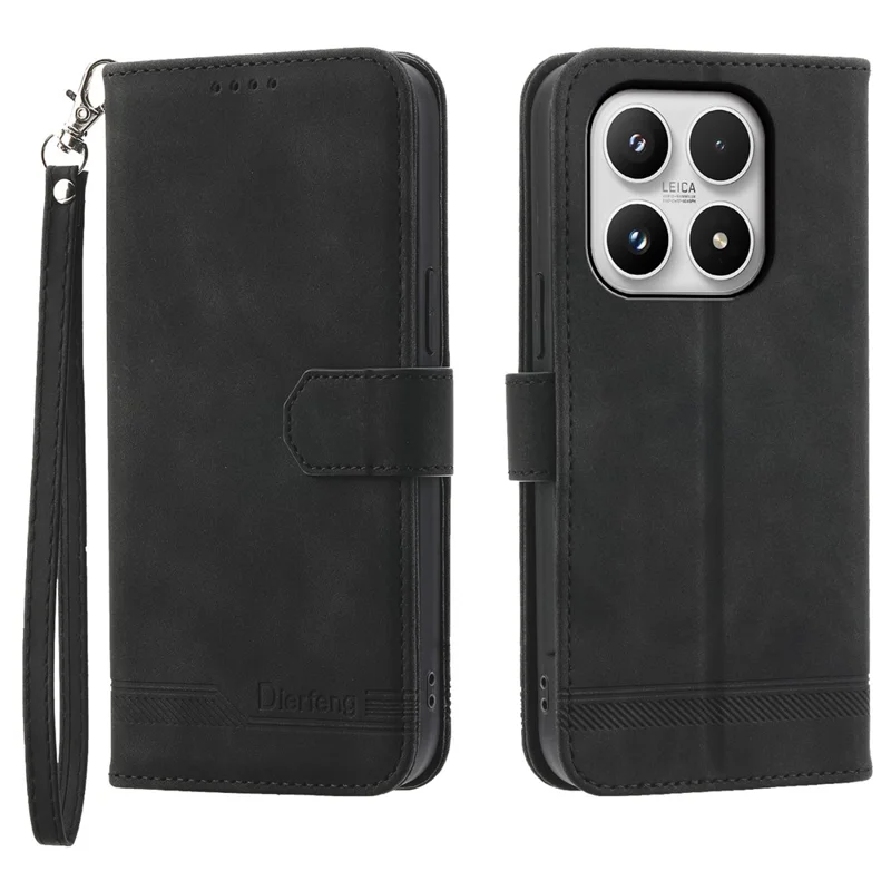 DIERFENG DF-03 For Xiaomi 17 Case Lines Imprint Wallet Leather Phone Cover with Wrist Strap - Black