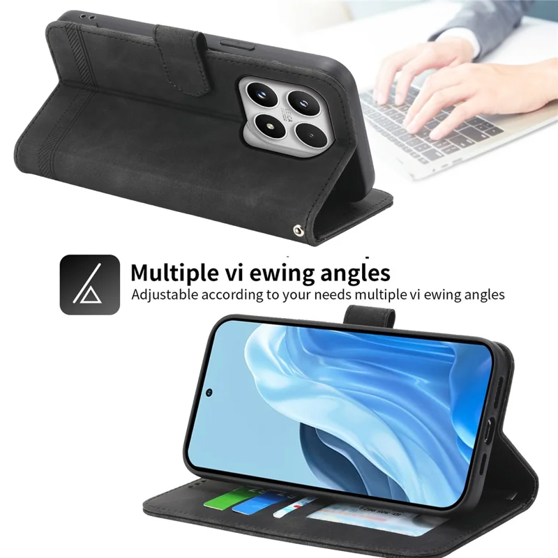 DIERFENG DF-03 For Xiaomi 17 Case Lines Imprint Wallet Leather Phone Cover with Wrist Strap - Black