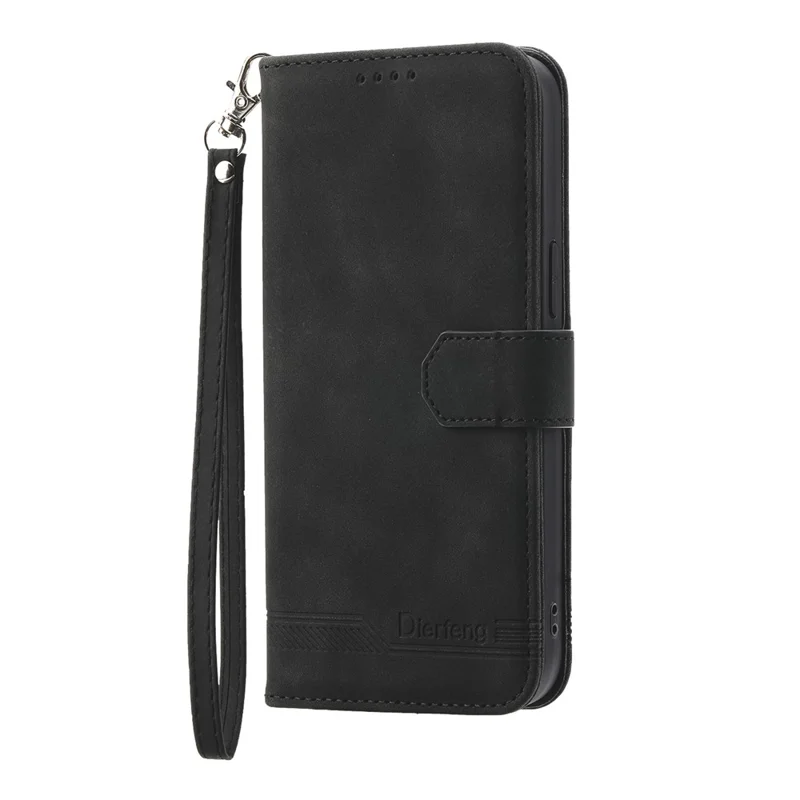 DIERFENG DF-03 For Xiaomi 17 Case Lines Imprint Wallet Leather Phone Cover with Wrist Strap - Black