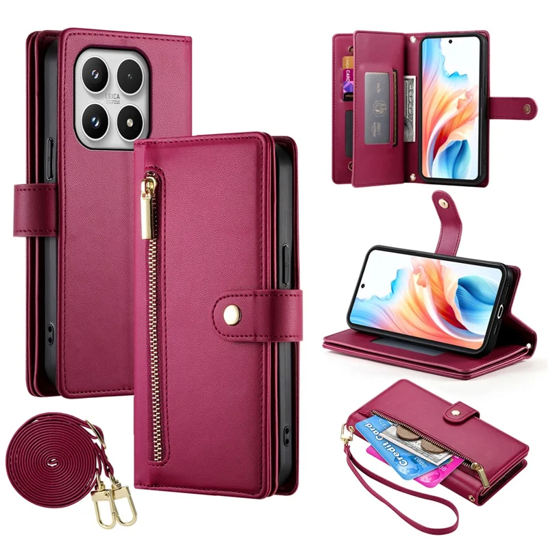 For Xiaomi 17 Case Zipper Pocket Wallet Leather Phone Cover with Straps - Red