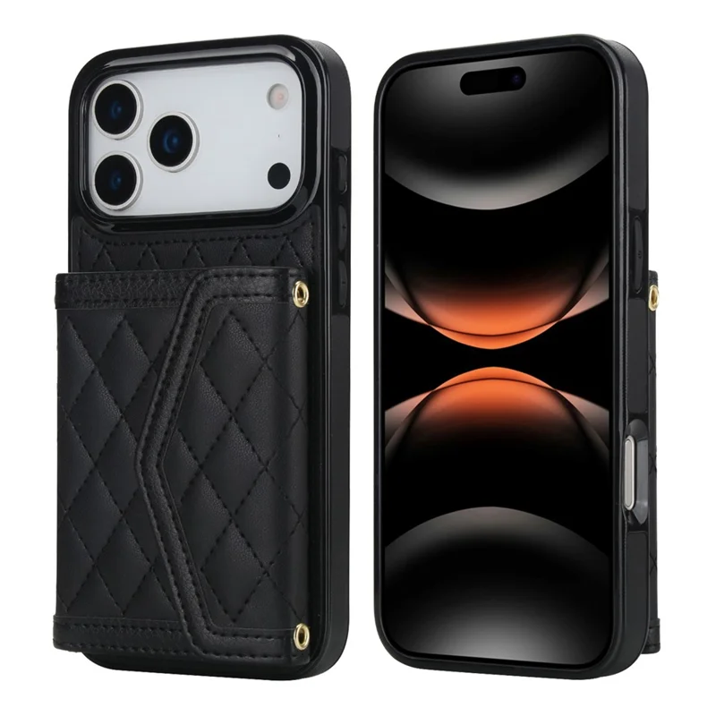 For iPhone 17 Pro Max Case Card Holders RFID Blocking PU Leather + TPU Phone Back Cover with Shoulder Strap - Zwart