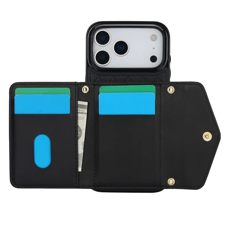 For iPhone 17 Pro Max Case Card Holders RFID Blocking PU Leather + TPU Phone Back Cover with Shoulder Strap - Zwart