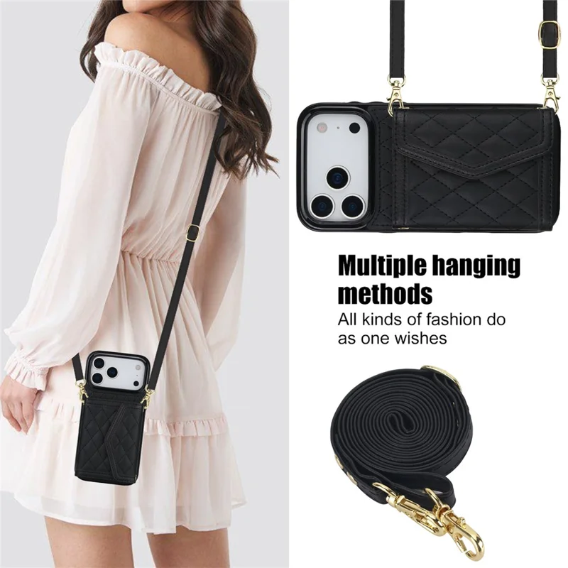 For iPhone 17 Pro Max Case Card Holders RFID Blocking PU Leather + TPU Phone Back Cover with Shoulder Strap - Zwart