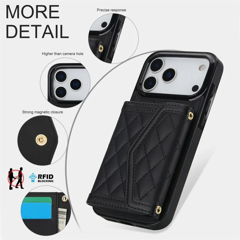 For iPhone 17 Pro Max Case Card Holders RFID Blocking PU Leather + TPU Phone Back Cover with Shoulder Strap - Zwart