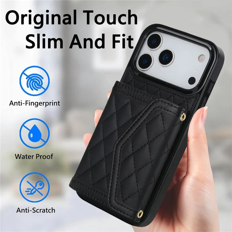 For iPhone 17 Pro Max Case Card Holders RFID Blocking PU Leather + TPU Phone Back Cover with Shoulder Strap - Zwart
