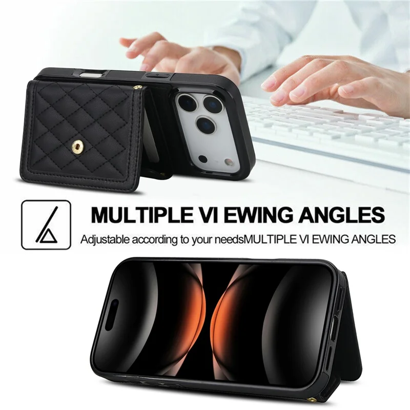 For iPhone 17 Pro Max Case Card Holders RFID Blocking PU Leather + TPU Phone Back Cover with Shoulder Strap - Zwart