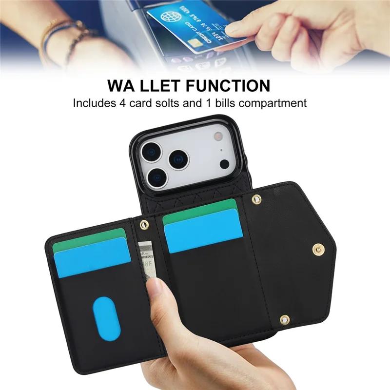 For iPhone 17 Pro Max Case Card Holders RFID Blocking PU Leather + TPU Phone Back Cover with Shoulder Strap - Zwart
