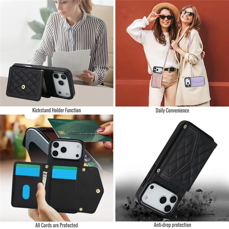 For iPhone 17 Pro Max Case Card Holders RFID Blocking PU Leather + TPU Phone Back Cover with Shoulder Strap - Zwart