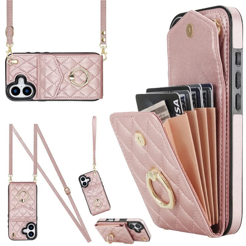 For iPhone 17 Case RFID Blocking Card Bag Leather + TPU Crossbody Phone Cover with Ring Kickstand - Rose Gold