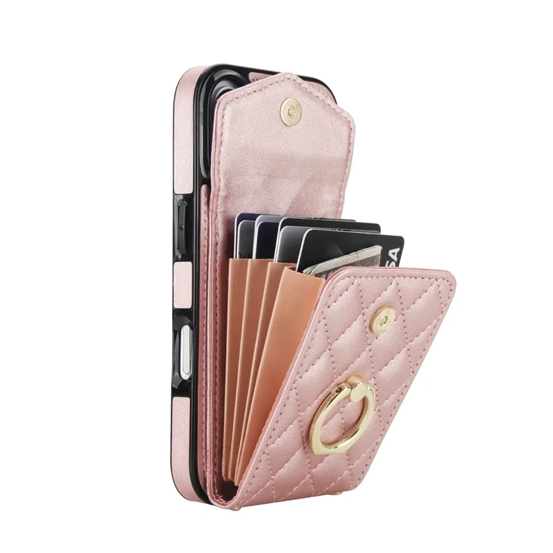For iPhone 17 Case RFID Blocking Card Bag Leather + TPU Crossbody Phone Cover with Ring Kickstand - Rose Gold