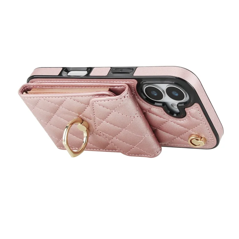 For iPhone 17 Case RFID Blocking Card Bag Leather + TPU Crossbody Phone Cover with Ring Kickstand - Rose Gold