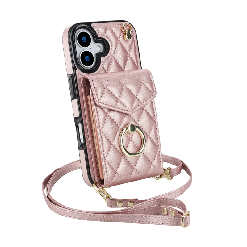 For iPhone 17 Case RFID Blocking Card Bag Leather + TPU Crossbody Phone Cover with Ring Kickstand - Rose Gold