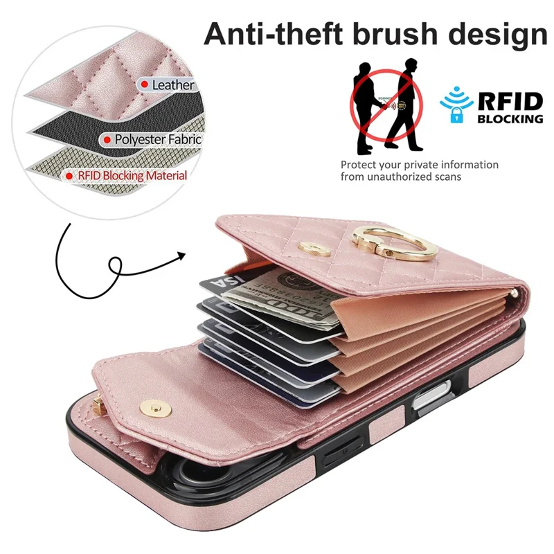 For iPhone 17 Case RFID Blocking Card Bag Leather + TPU Crossbody Phone Cover with Ring Kickstand - Rose Gold