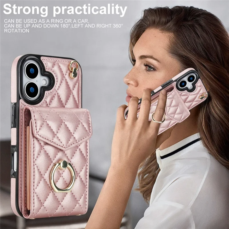 For iPhone 17 Case RFID Blocking Card Bag Leather + TPU Crossbody Phone Cover with Ring Kickstand - Rose Gold