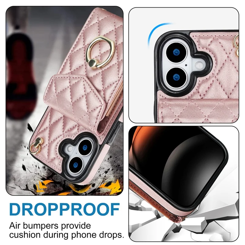 For iPhone 17 Case RFID Blocking Card Bag Leather + TPU Crossbody Phone Cover with Ring Kickstand - Rose Gold