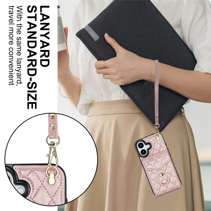 For iPhone 17 Case RFID Blocking Card Bag Leather + TPU Crossbody Phone Cover with Ring Kickstand - Rose Gold