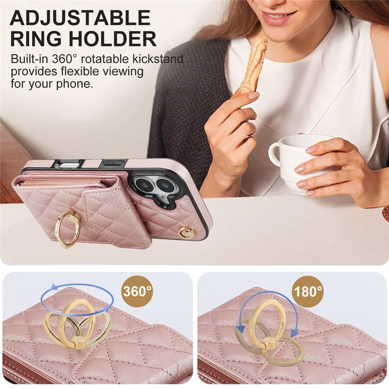 For iPhone 17 Case RFID Blocking Card Bag Leather + TPU Crossbody Phone Cover with Ring Kickstand - Rose Gold