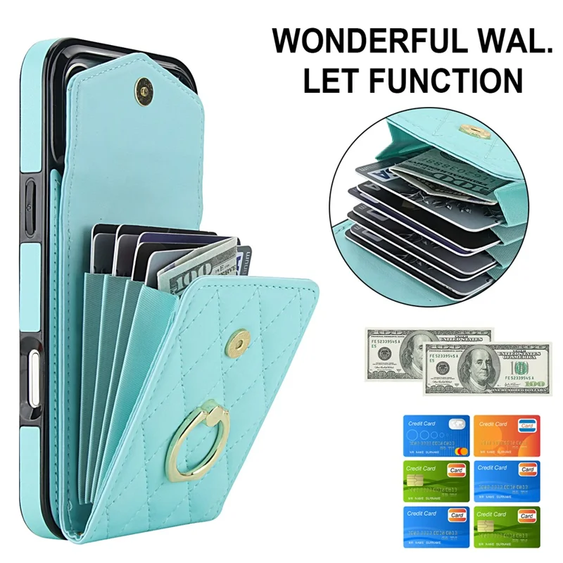 For iPhone 17 Pro Max Case RFID Blocking Card Bag Leather + TPU Crossbody Phone Cover with Ring Kickstand - Mint Green