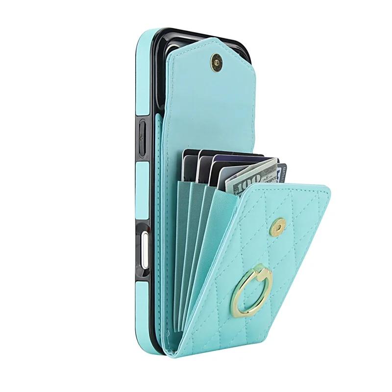 For iPhone 17 Pro Max Case RFID Blocking Card Bag Leather + TPU Crossbody Phone Cover with Ring Kickstand - Mint Green