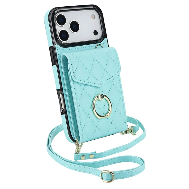 For iPhone 17 Pro Max Case RFID Blocking Card Bag Leather + TPU Crossbody Phone Cover with Ring Kickstand - Mint Green