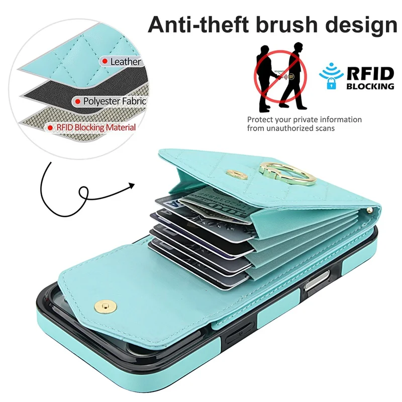 For iPhone 17 Pro Max Case RFID Blocking Card Bag Leather + TPU Crossbody Phone Cover with Ring Kickstand - Mint Green