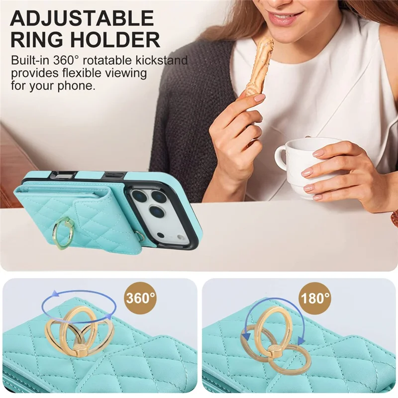 For iPhone 17 Pro Max Case RFID Blocking Card Bag Leather + TPU Crossbody Phone Cover with Ring Kickstand - Mint Green