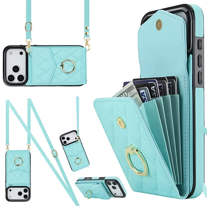 For iPhone 17 Pro Case RFID Blocking Card Bag Leather + TPU Crossbody Phone Cover with Ring Kickstand - Mint Green