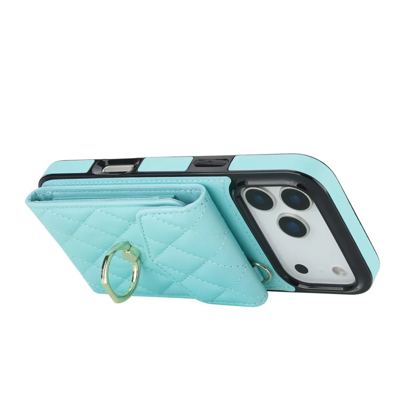 For iPhone 17 Pro Case RFID Blocking Card Bag Leather + TPU Crossbody Phone Cover with Ring Kickstand - Mint Green