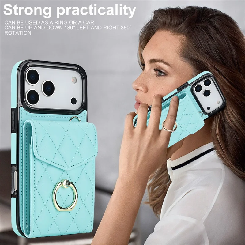 For iPhone 17 Pro Case RFID Blocking Card Bag Leather + TPU Crossbody Phone Cover with Ring Kickstand - Mint Green