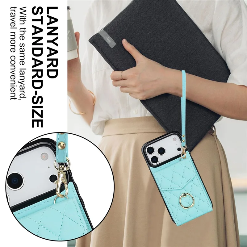 For iPhone 17 Pro Case RFID Blocking Card Bag Leather + TPU Crossbody Phone Cover with Ring Kickstand - Mint Green