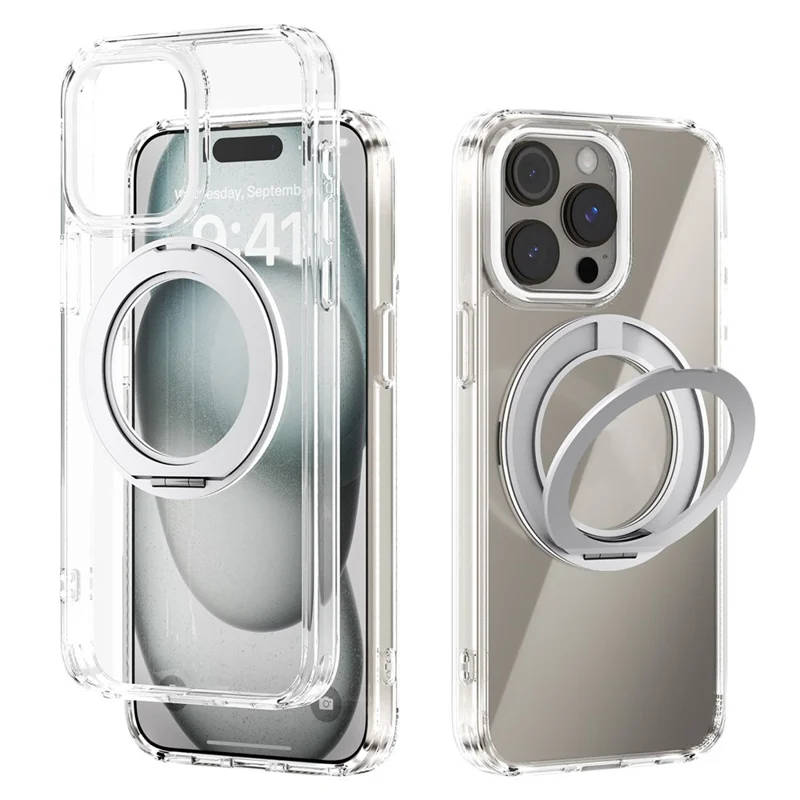 ABEEL Q-LUCK For iPhone 13 Pro Magnetic Case Rotating Kickstand Shockproof TPU + PC Phone Back Cover - Silver