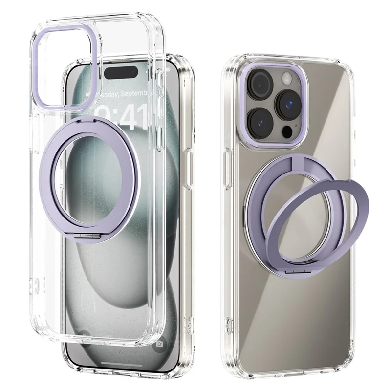 ABEEL Q-LUCK For iPhone 15 Pro Magnetic Case Rotating Kickstand Shockproof TPU + PC Phone Back Cover - Purple