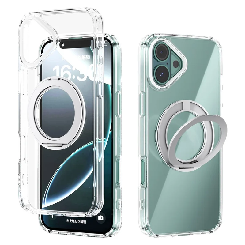 ABEEL Q-LUCK For iPhone 16 Plus Magnetic Case Rotating Kickstand Shockproof TPU + PC Phone Back Cover - Silver